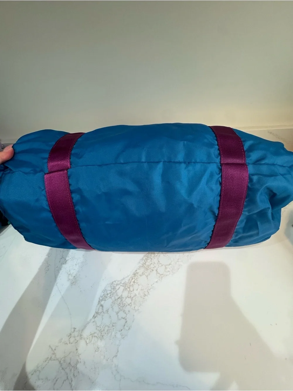 Just Don Blue Duffel with Purple Handles and Yellow Basketball Patch - converse